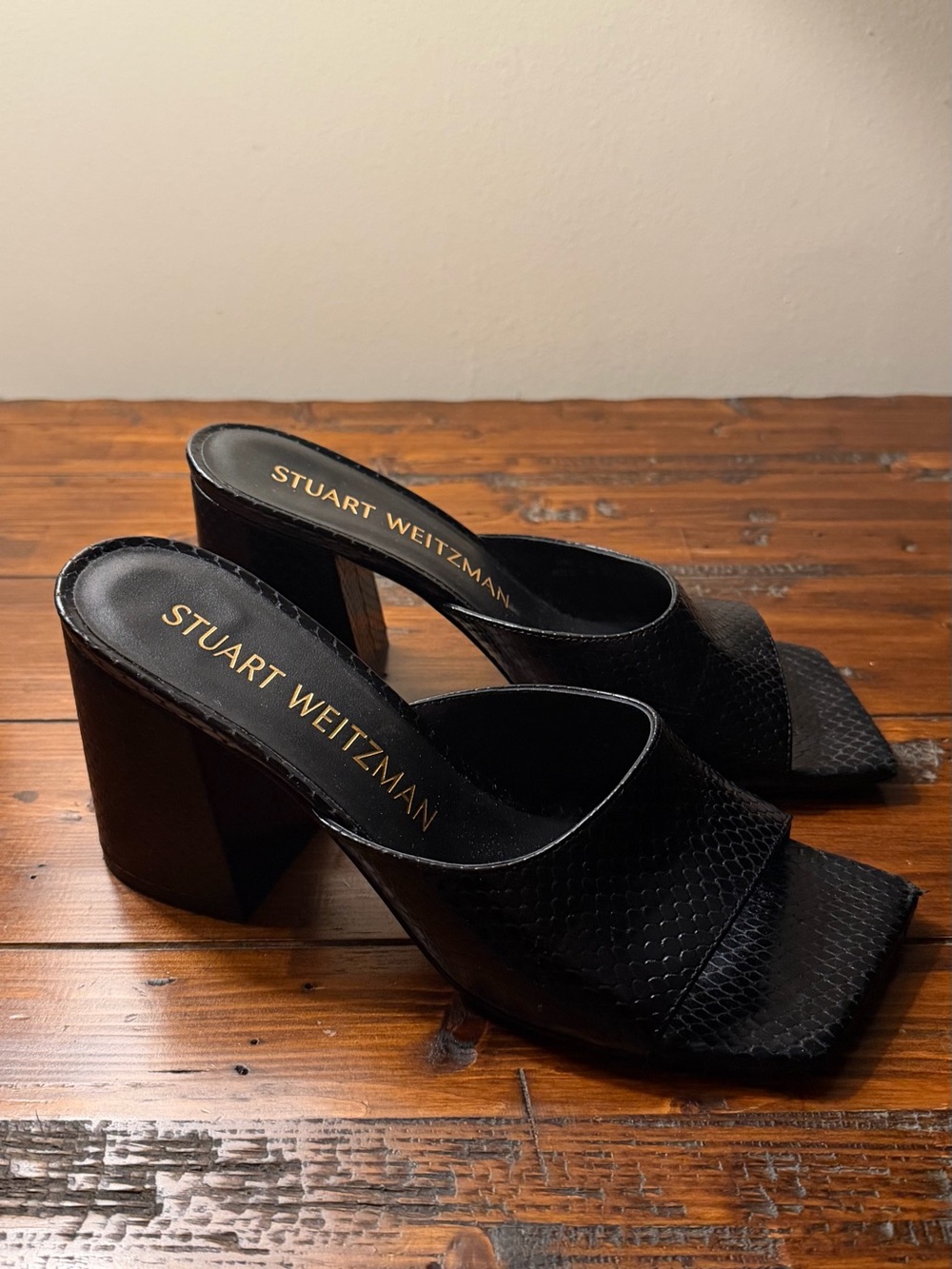 Stuart Weitzman Black Textured Block Heel Mules